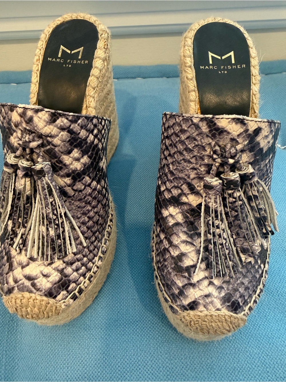 Marc Fisher Snake-Print Tassel Espadrille Mules in Black/grey/Cream